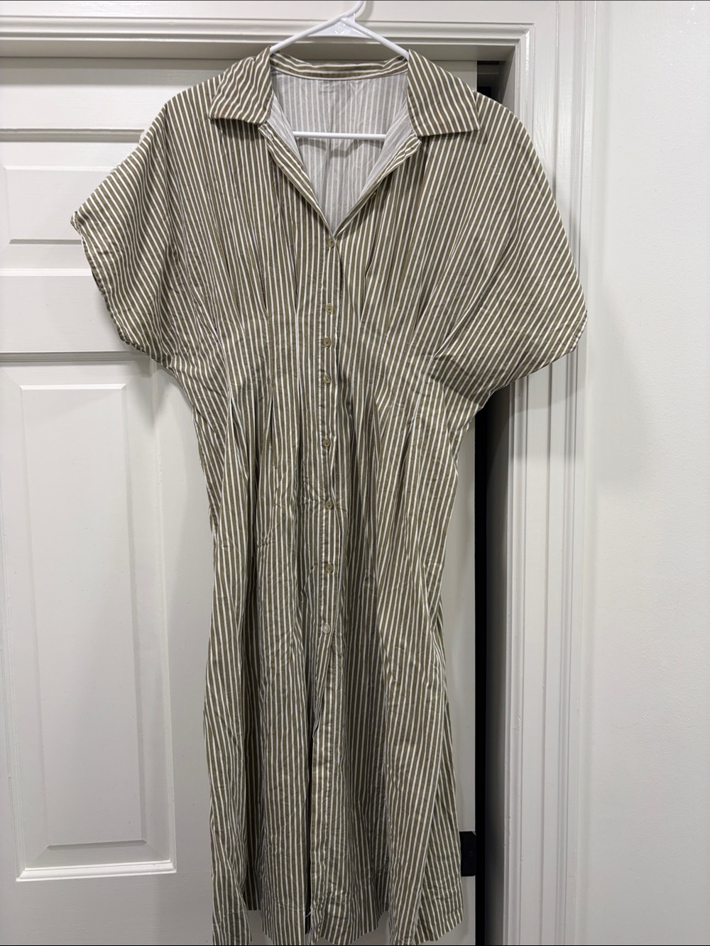 Amazon Striped Button-Front Midi Dress in Beige and White
